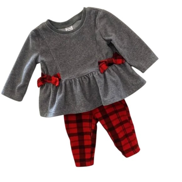 Carter's 2-Piece Matching Grey Fleece Bow Peplum Top & Red Plaid Leggings 6M - Picture 1 of 8
